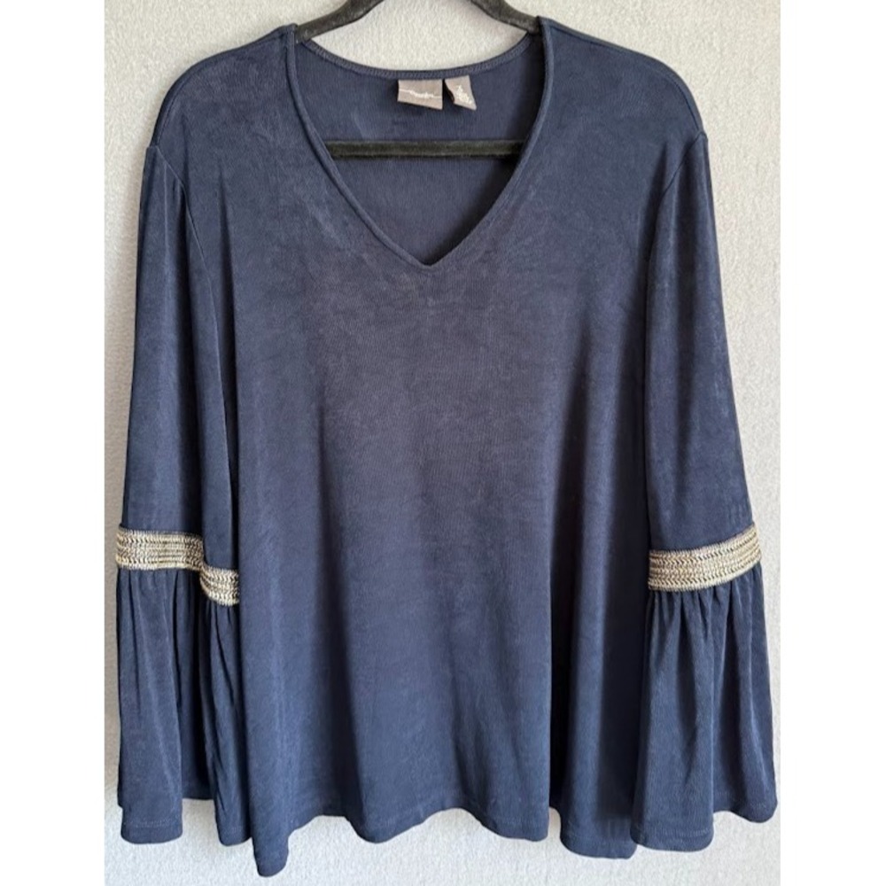 Chicos Travelers Blouse Women 3 US XL Blue Bell Sleeve Metallic Trim Top Stretch